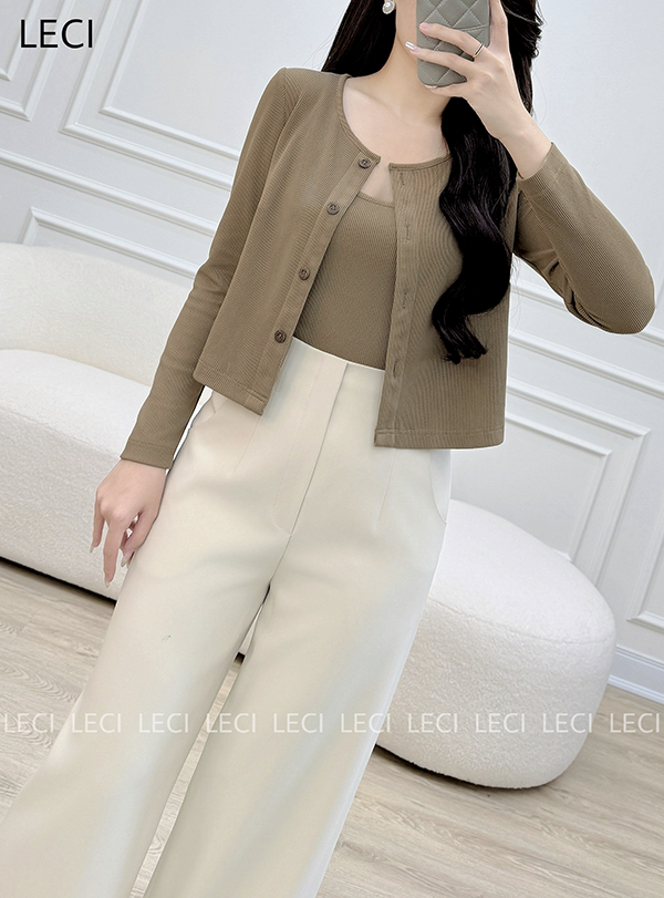 Áo cotton tăm gân dài tay thiết kế LECI - A579