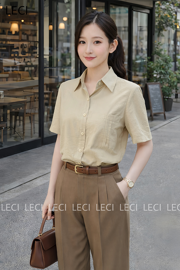 Áo sơ mi dáng suông, túi ngực xếp 2 ly trang trí A625