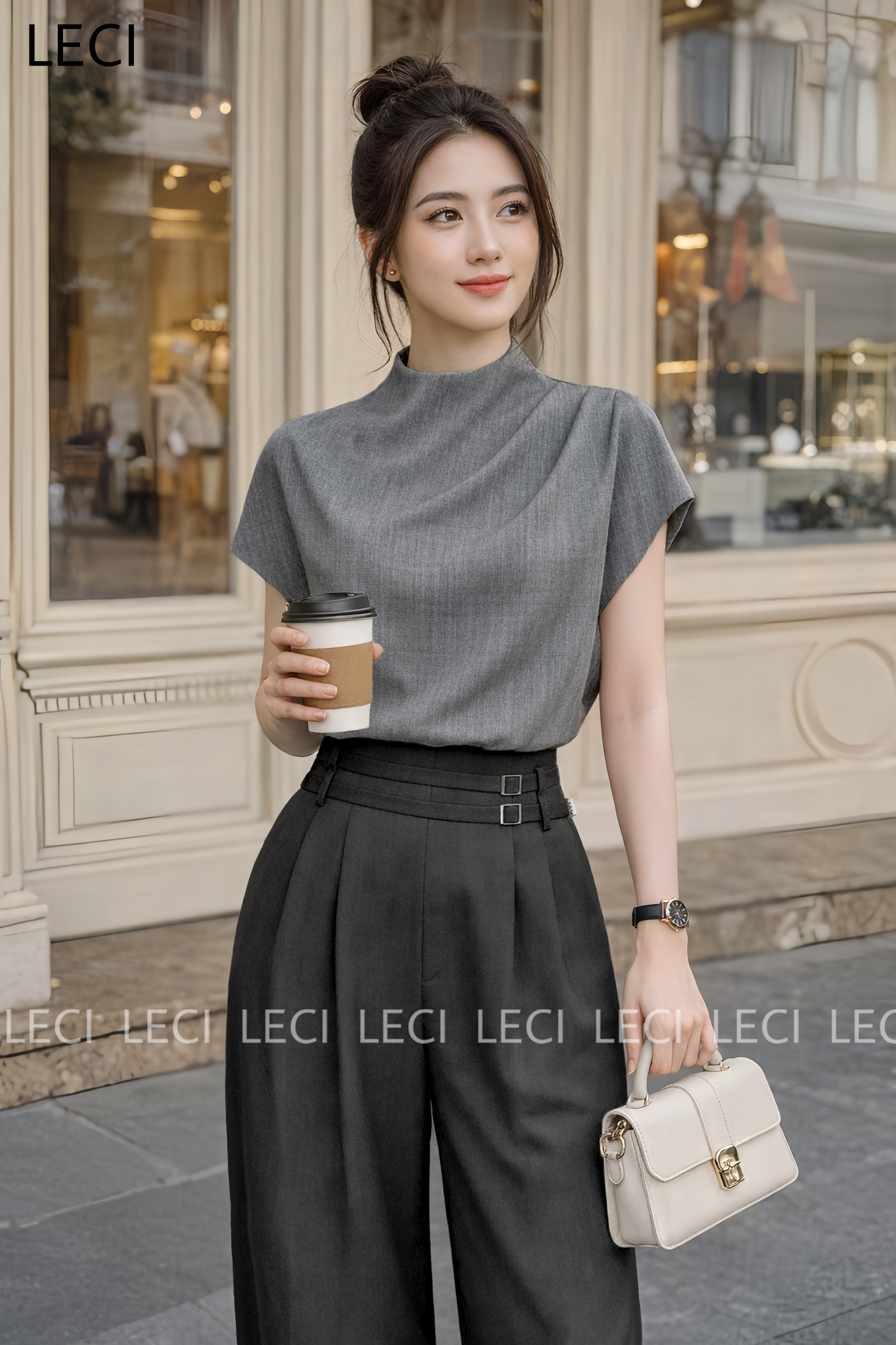Quần suông cạp liền 2 đai trang trí Q615