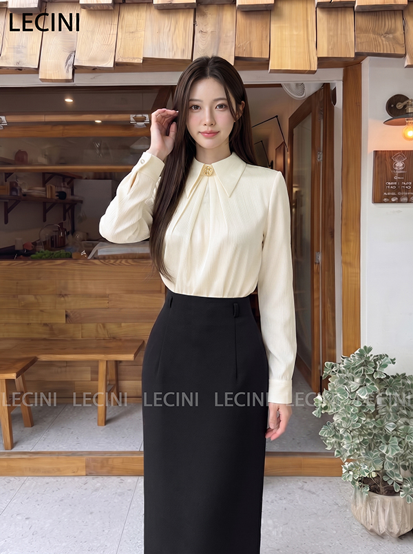 Áo sơ mi suông xếp ly cổ A712