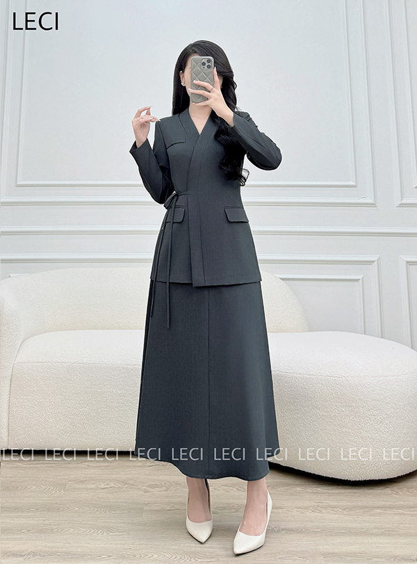 Set Vest Thiết Kế V568(Áo vest cổ Nhật, Chân váy xoè)