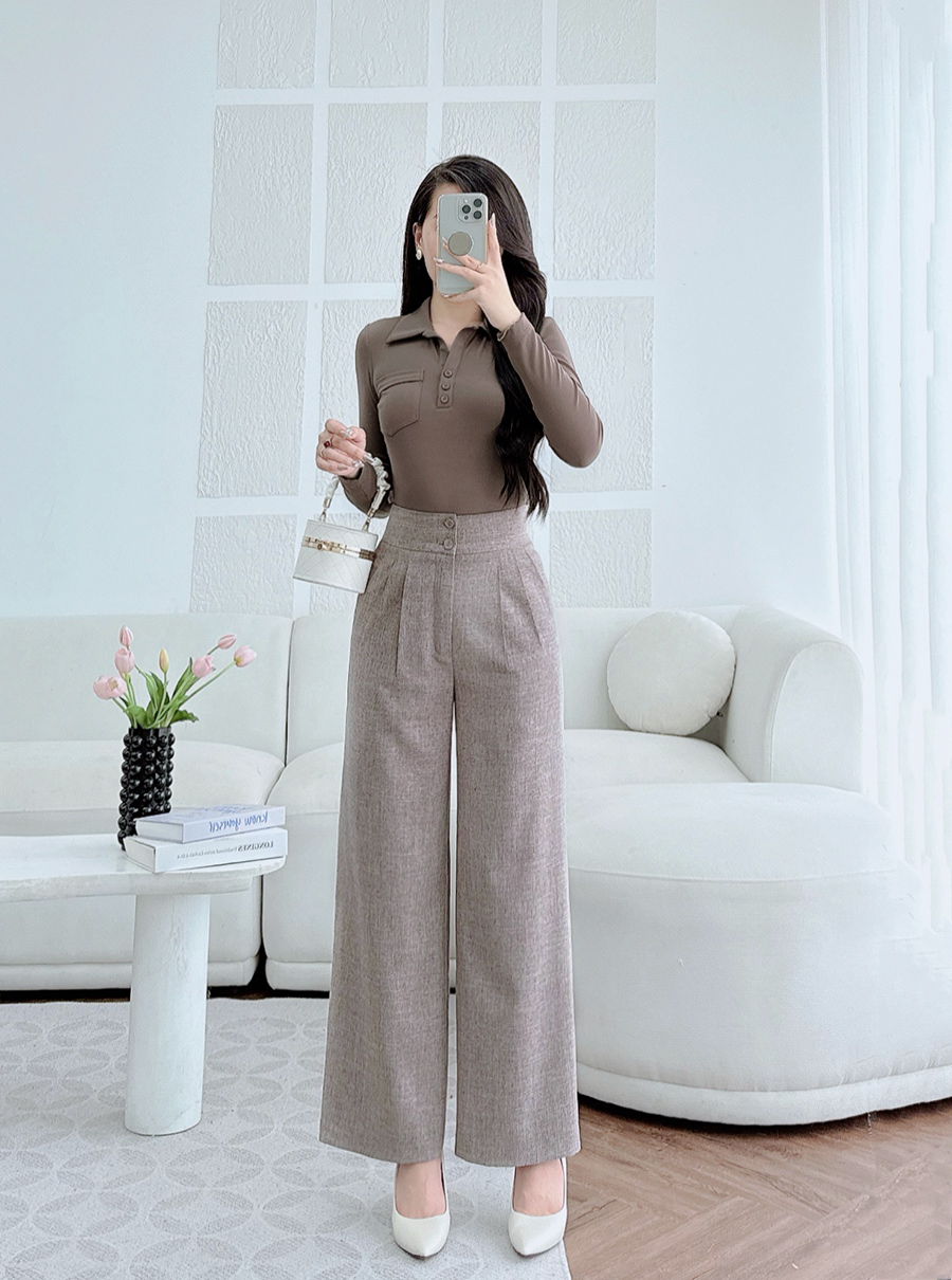 Set bộ thiết kế LECI S323(Áo thun cotton, Quần suông cạp cao)